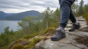 Kvinne tester tursko på en steinete norsk fjellsti