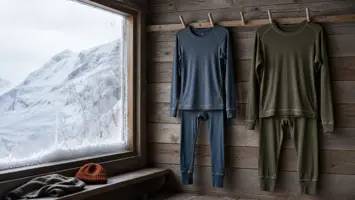 To sett ullundertøy hengt opp i en enkel fjellhytte