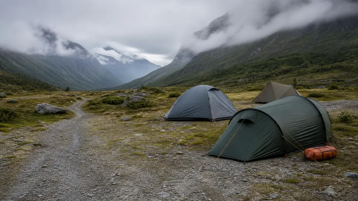 Tre teltmodeller satt opp for sammenligning i norsk fjellterreng