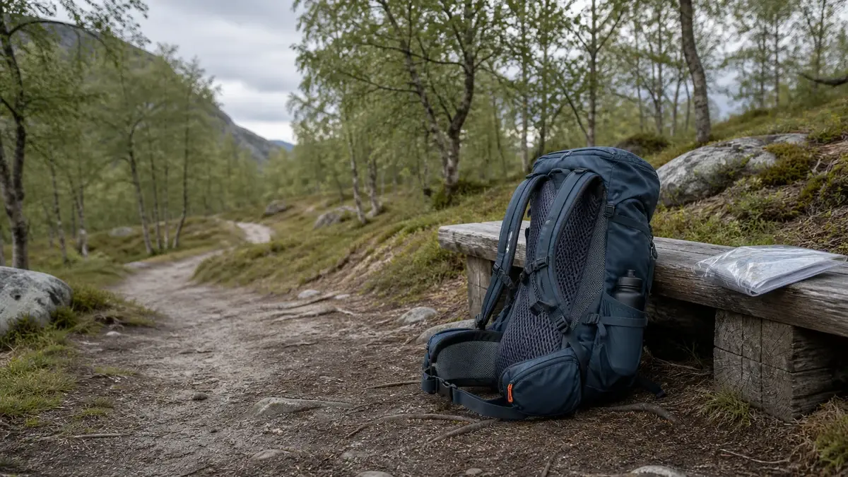 Teknisk dagstursekk ved en rastebenk langs norsk skogssti